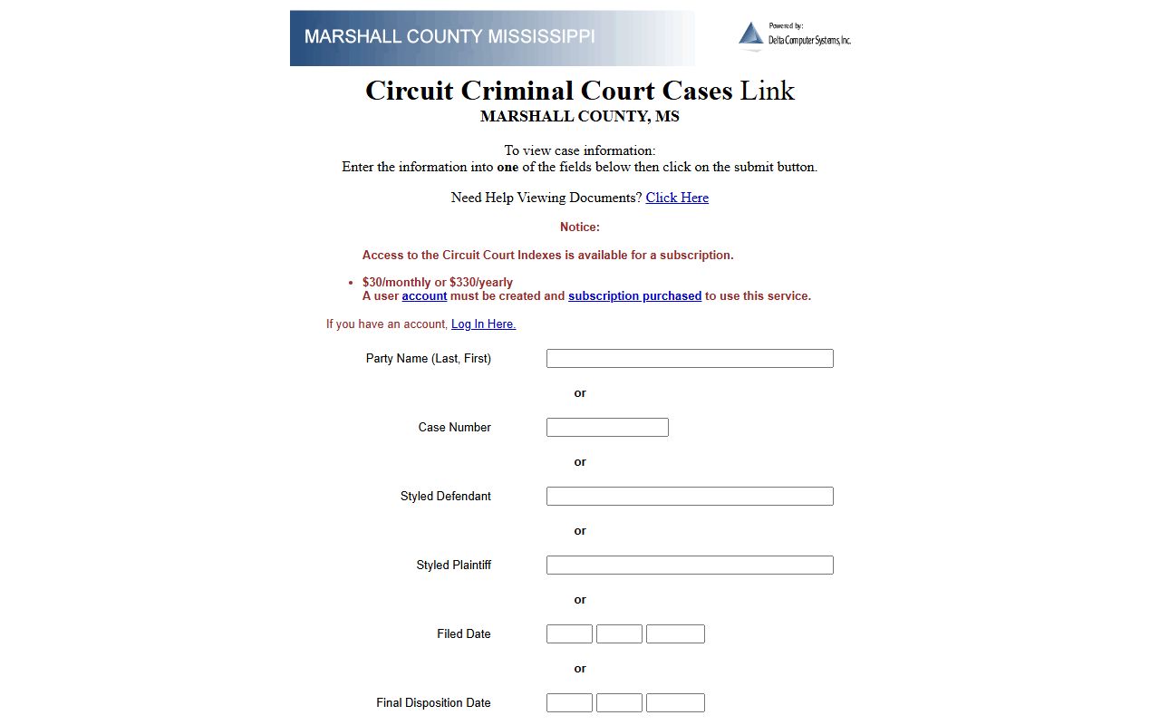 Marshall County Circuit Criminal index search fields for court records after arrest