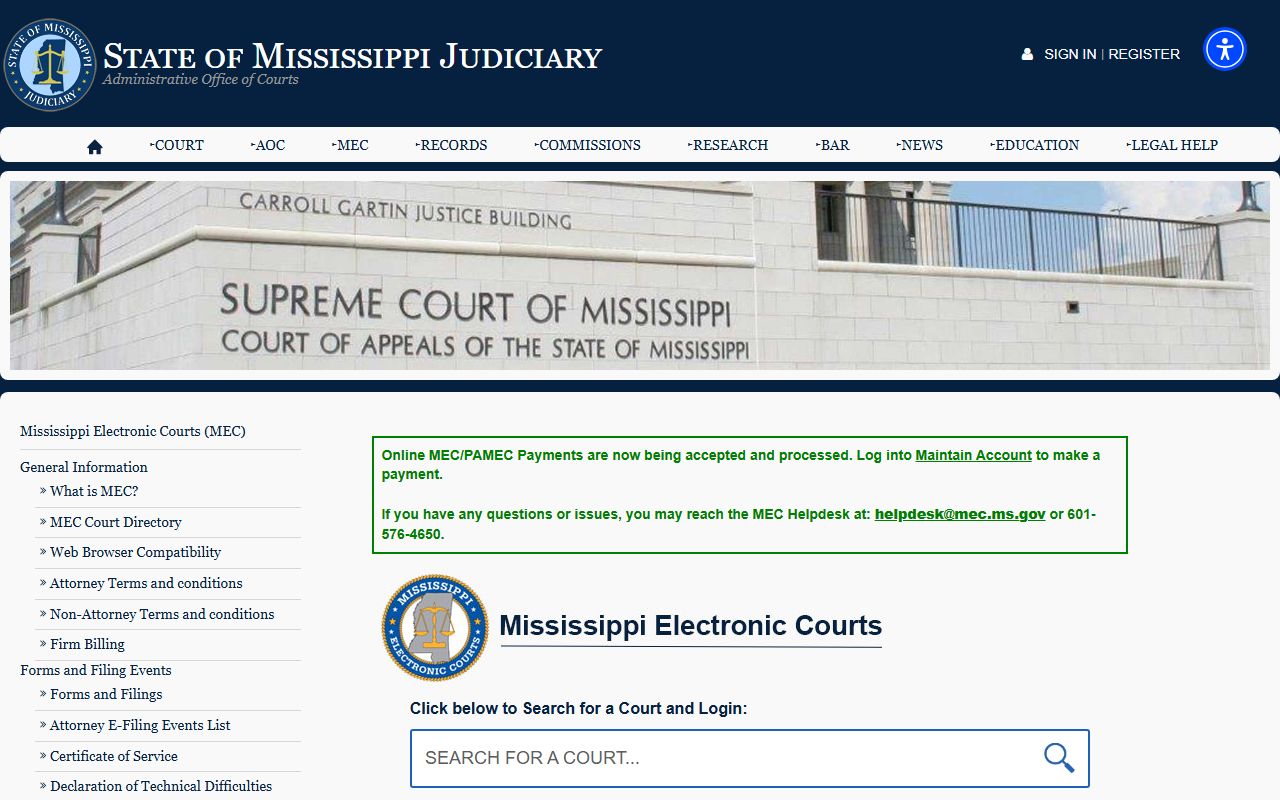 Mississippi Electronic Courts access page for court records after arrest
