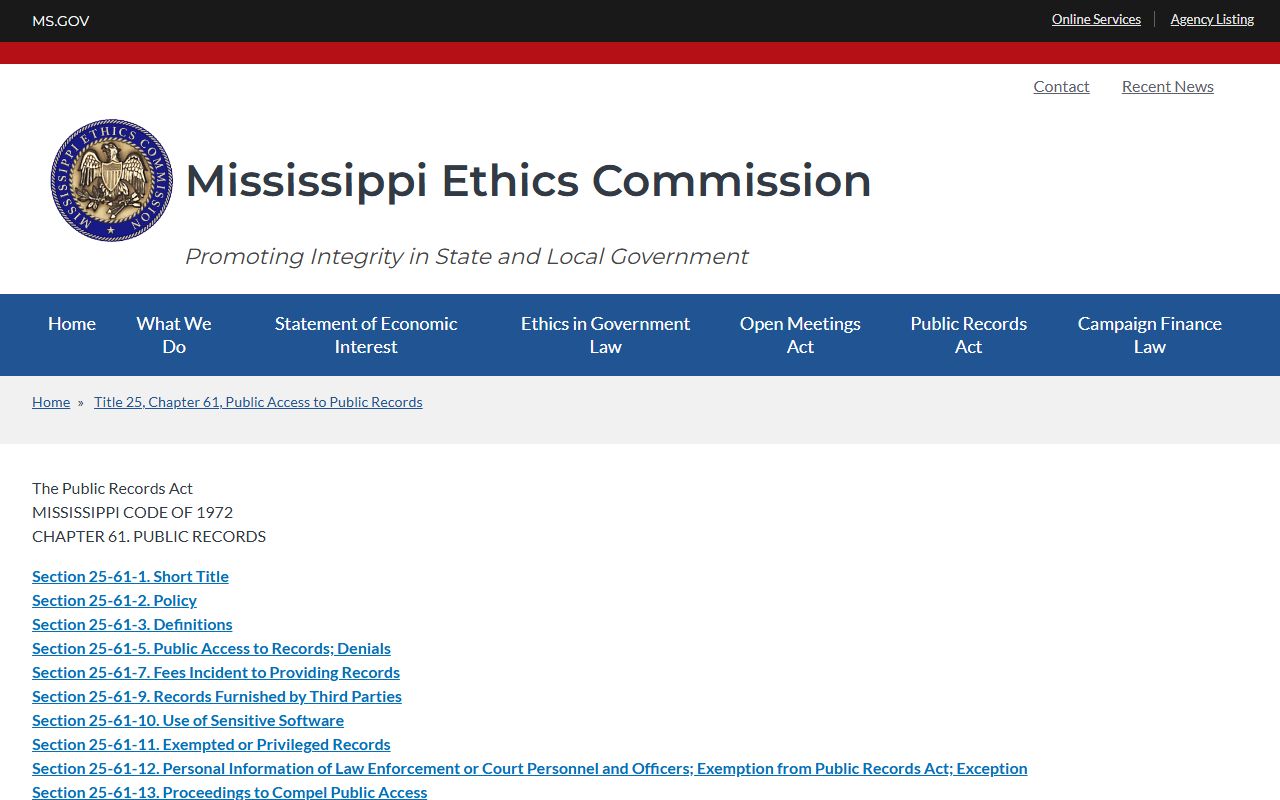 Mississippi Public Records Act source for Marshall County mugshot requests